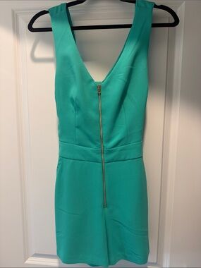 Trina Turk Teal V-Neck Mini Jumper with Gold Zipper